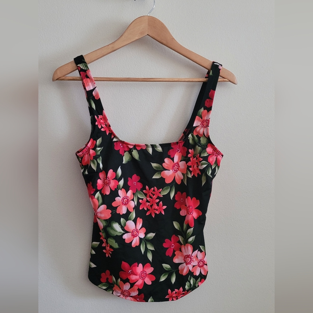 Lands' End Lined Floral Tankini Top, Women's 16 Regular, Black with Pink Floral
